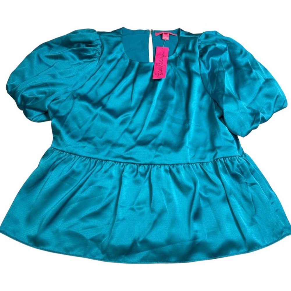 Lilly Pulitzer Blakelynn‎ Elbow Sleeve Top Blue Rhapsody Satin Peplum Blouse 10